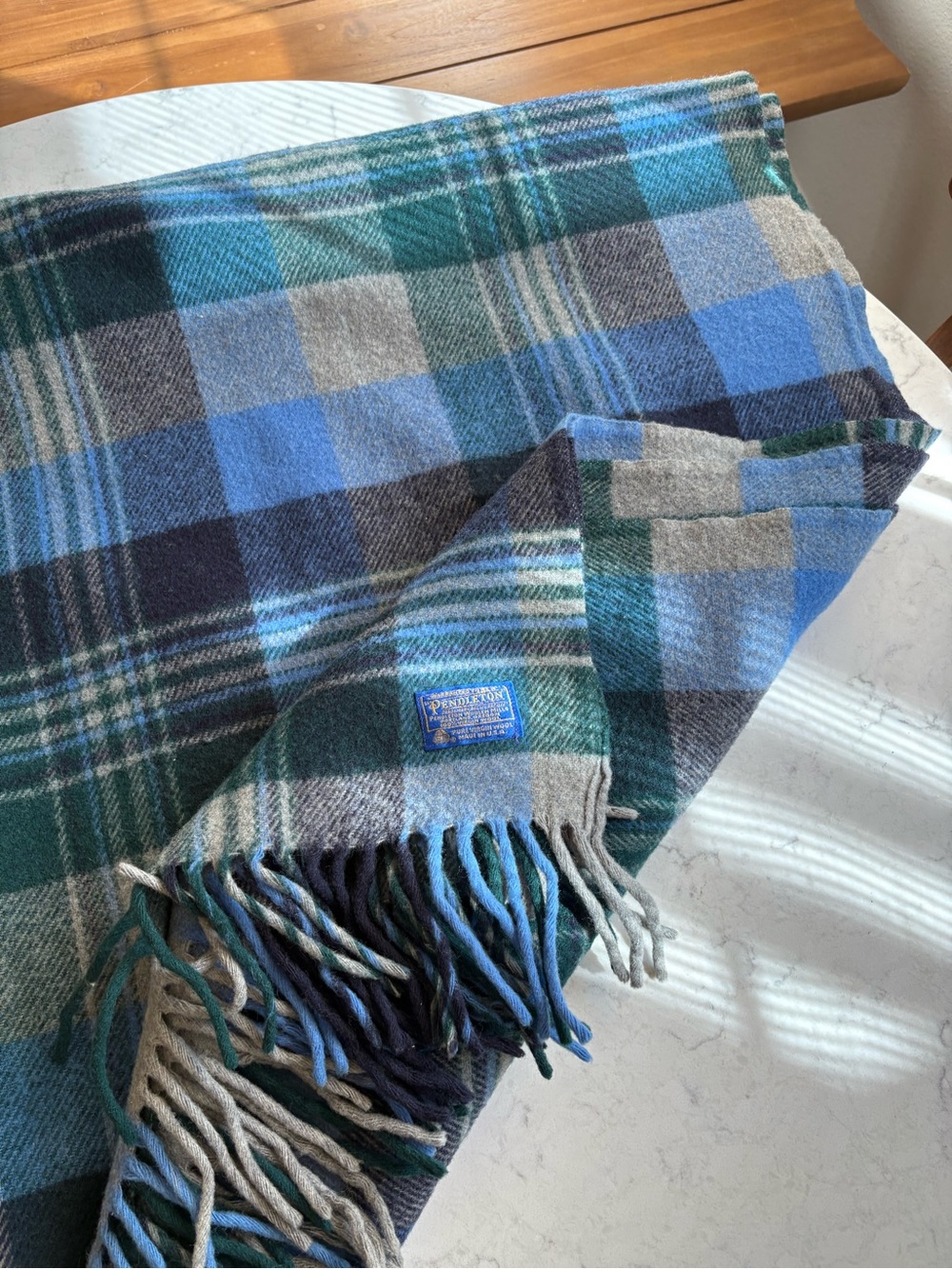 Vintage Pendleton Blue & Green Plaid Wool Throw Blanket